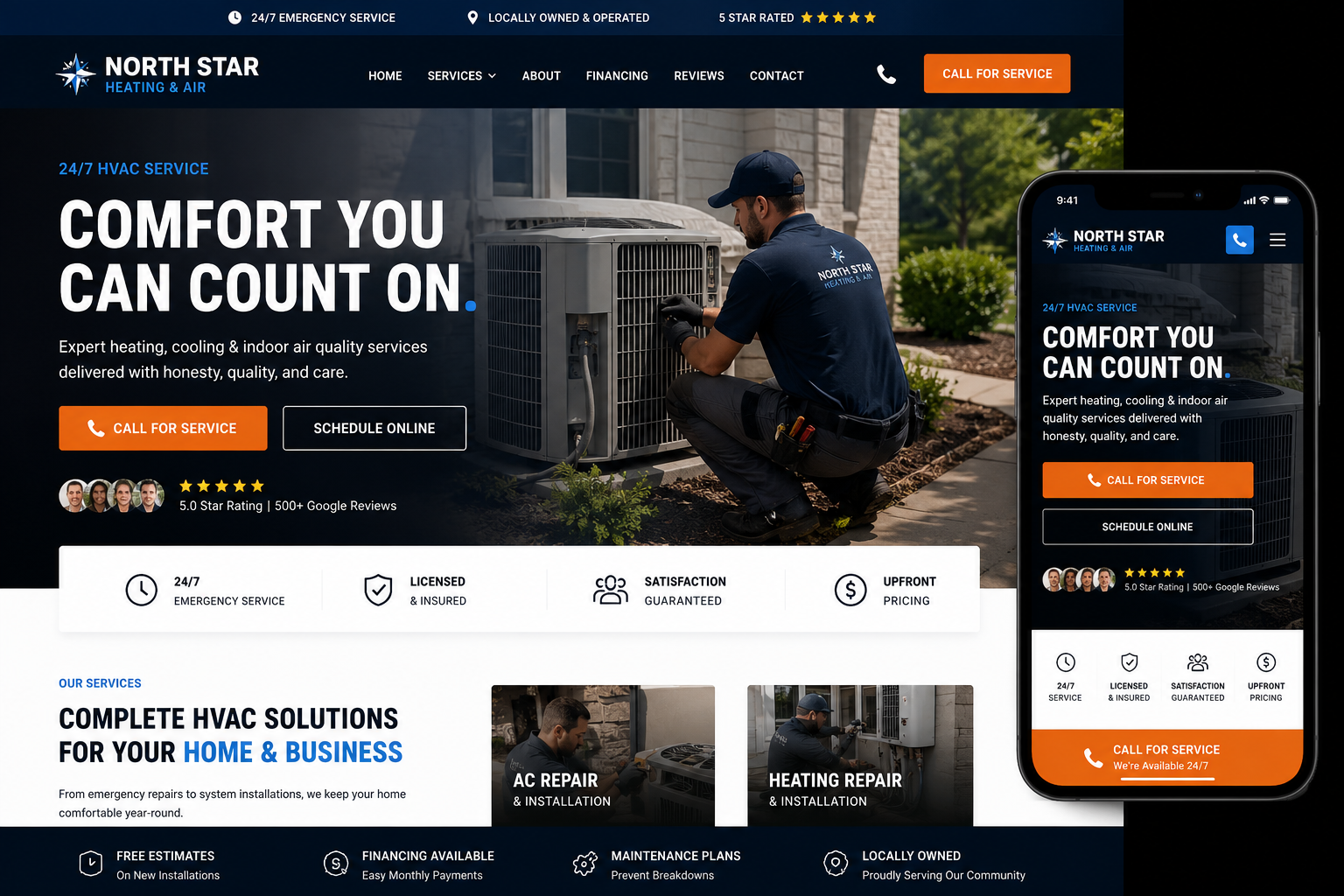 North Star Heating and Air premium HVAC website shown on desktop and mobile